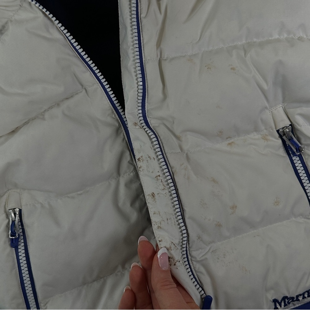 Marmot Men’s 700 Fill Down Jacket Hooded Winter Blue White Medium - Picture 4 of 16